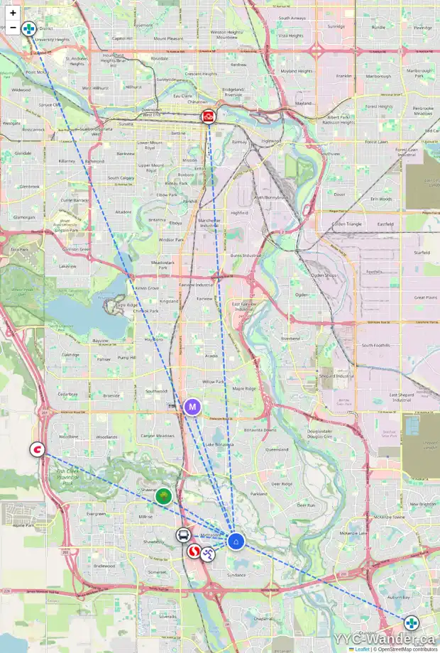 Daily accessibility map for 20 MIDVALLEY CR SE, Calgary showing nearby schools, grocery stores, parks, LRT stations and nearby amenities