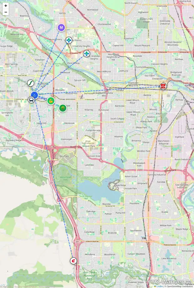 Daily accessibility map for 6931 CHRISTIE ESTATE BV SW, Calgary showing nearby schools, grocery stores, parks, LRT stations and nearby amenities
