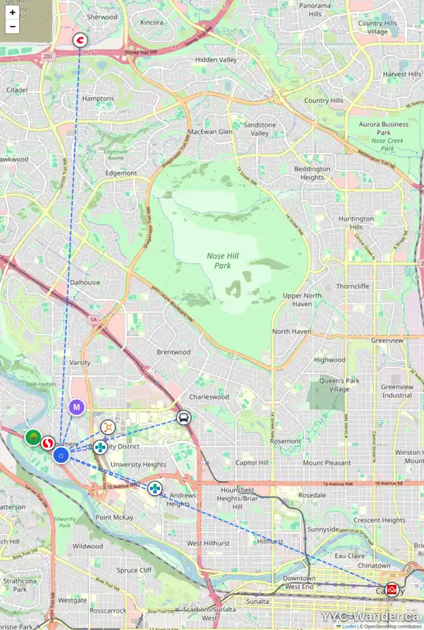 Daily accessibility map for 2 4724 17 AV NW, Calgary showing nearby schools, grocery stores, parks, LRT stations and nearby amenities