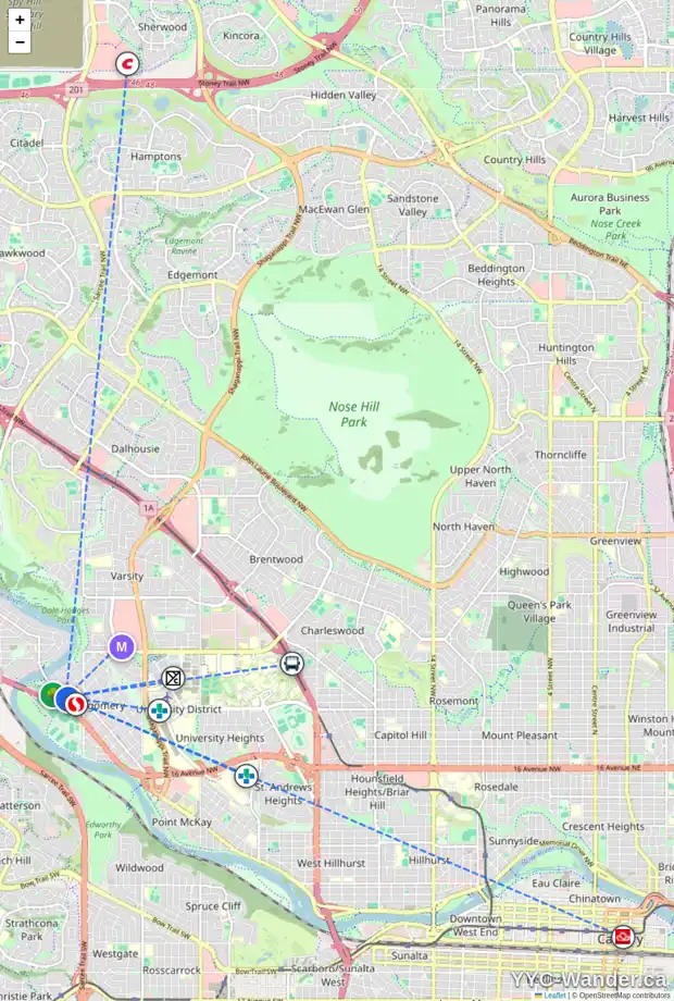 Daily accessibility map for 5126 BOWNESS RD NW, Calgary showing nearby schools, grocery stores, parks, LRT stations and nearby amenities