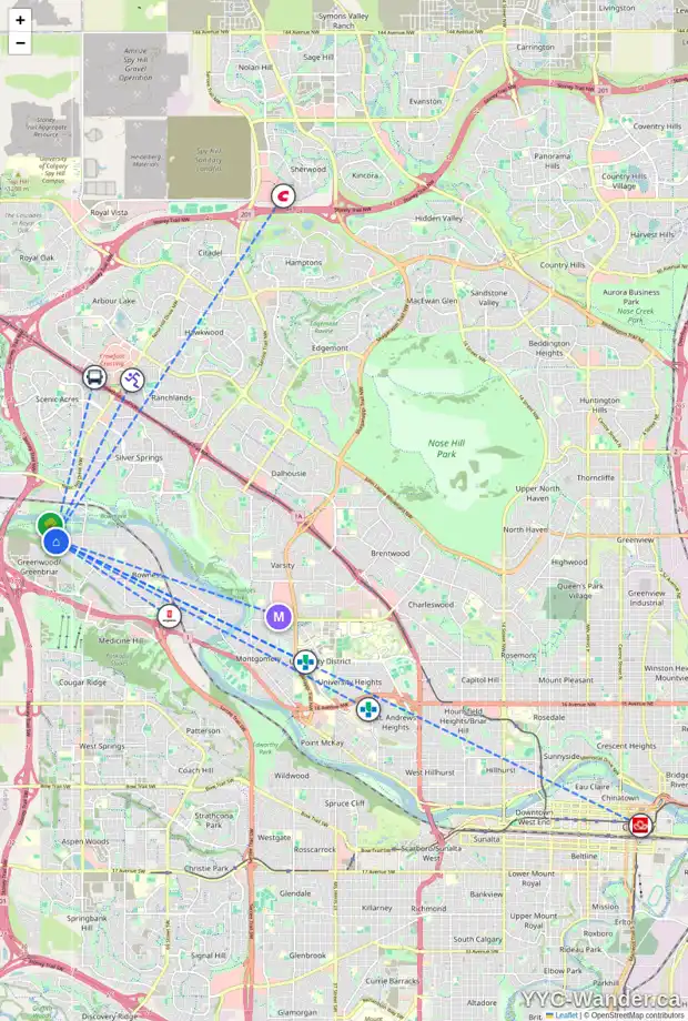 Daily accessibility map for 8936 34 AV NW, Calgary showing nearby schools, grocery stores, parks, LRT stations and nearby amenities