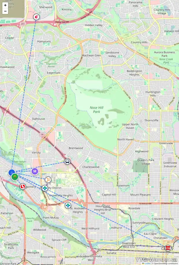 Daily accessibility map for 6124 32 AV NW, Calgary showing nearby schools, grocery stores, parks, LRT stations and nearby amenities