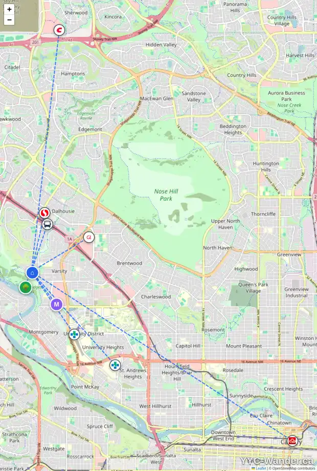 Daily accessibility map for 340 VARSITY CL NW, Calgary showing nearby schools, grocery stores, parks, LRT stations and nearby amenities