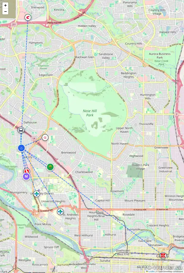 Daily accessibility map for 5124 VALLANCE CR NW, Calgary showing nearby schools, grocery stores, parks, LRT stations and nearby amenities
