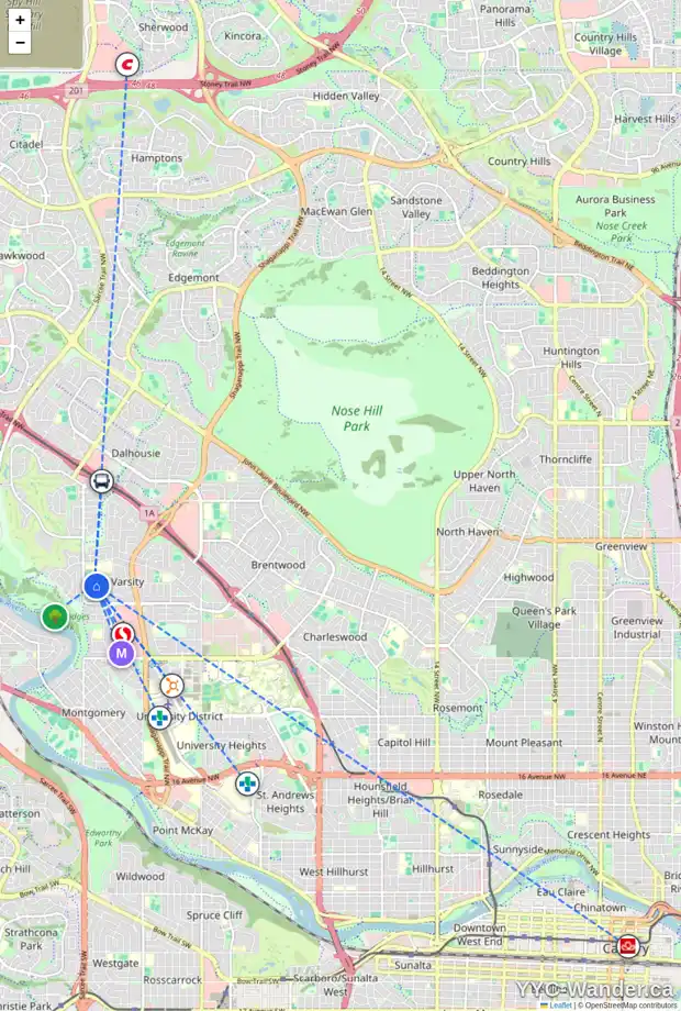 Daily accessibility map for 4407 52 ST NW, Calgary showing nearby schools, grocery stores, parks, LRT stations and nearby amenities
