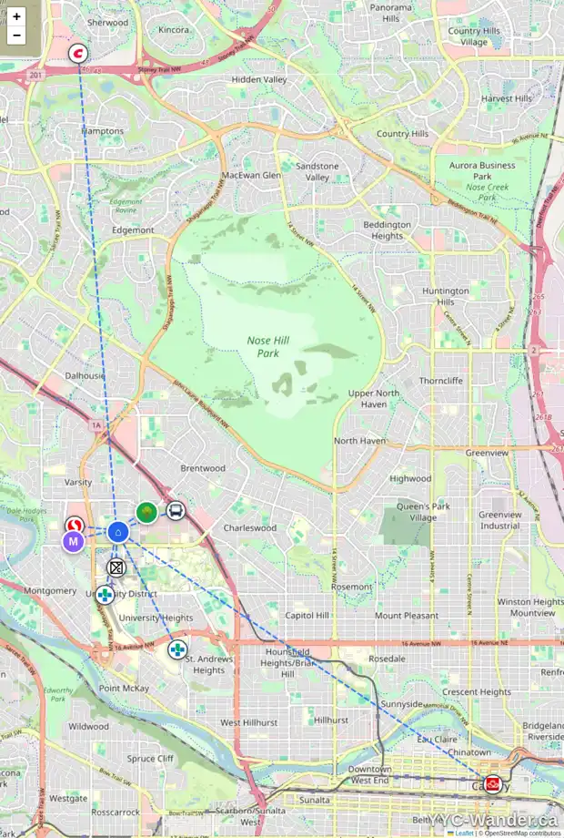Daily accessibility map for 24 VARTOWN PL NW, Calgary showing nearby schools, grocery stores, parks, LRT stations and nearby amenities