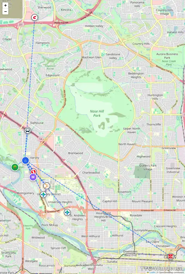 Daily accessibility map for 5315 VALIANT DR NW, Calgary showing nearby schools, grocery stores, parks, LRT stations and nearby amenities