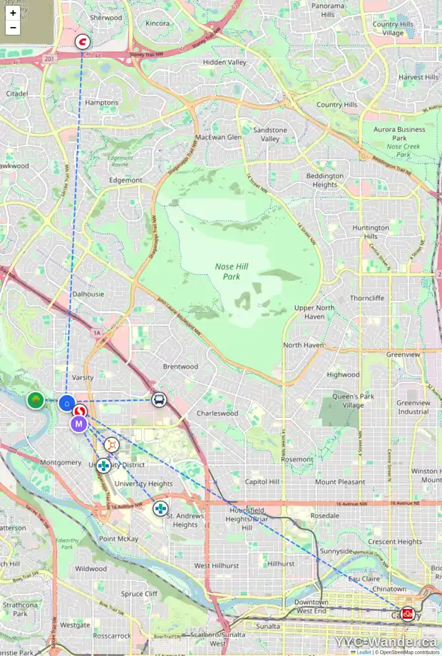 Daily accessibility map for 5108 VARSCLIFF RD NW, Calgary showing nearby schools, grocery stores, parks, LRT stations and nearby amenities