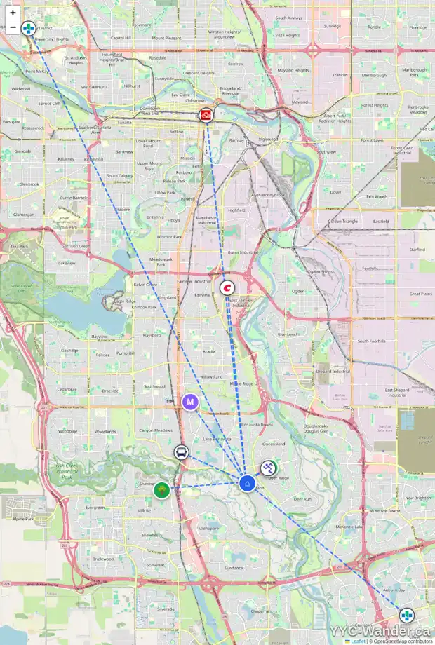 Daily accessibility map for 260 PARKSIDE WY SE, Calgary showing nearby schools, grocery stores, parks, LRT stations and nearby amenities