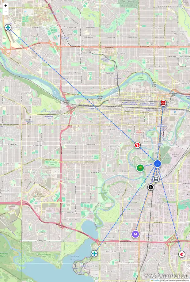 Daily accessibility map for 1 20 34 AV SW, Calgary showing nearby schools, grocery stores, parks, LRT stations and nearby amenities