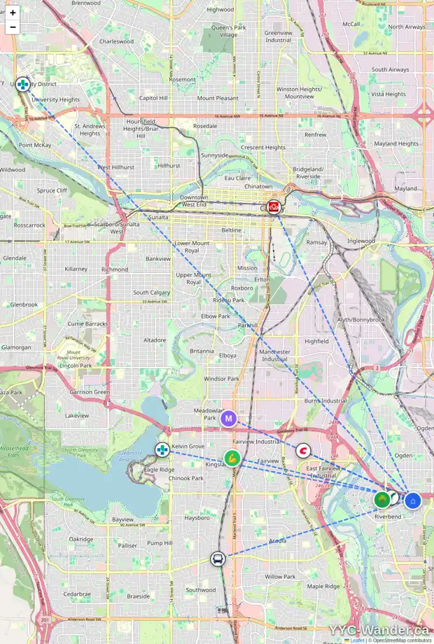 Daily accessibility map for 20 RIVERCREST CL SE, Calgary showing nearby schools, grocery stores, parks, LRT stations and nearby amenities