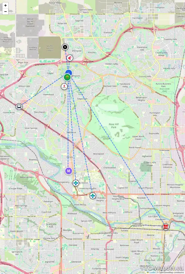 Daily accessibility map for 210 HAMPTONS SQ NW, Calgary showing nearby schools, grocery stores, parks, LRT stations and nearby amenities