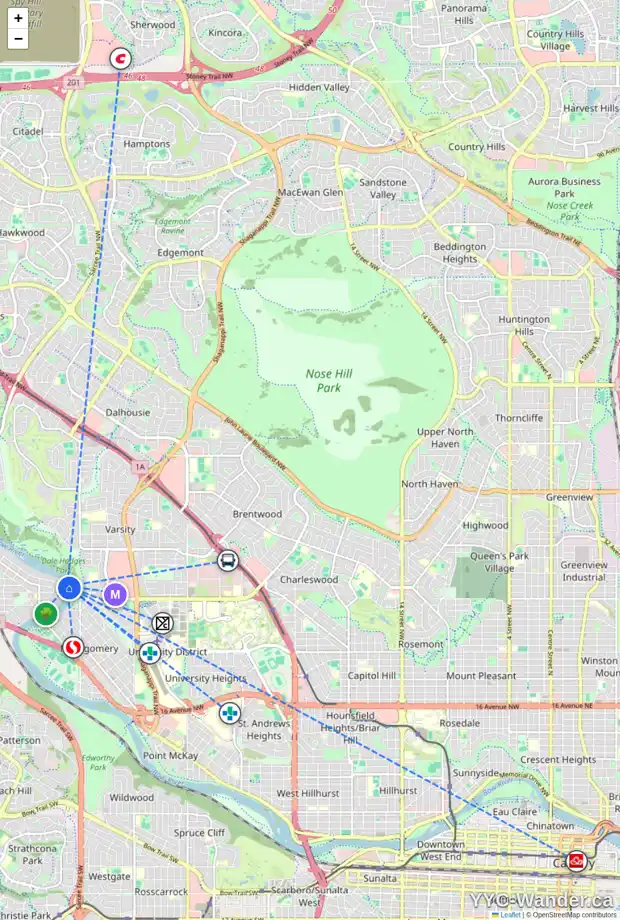 Daily accessibility map for 20 BOWBANK CR NW, Calgary showing nearby schools, grocery stores, parks, LRT stations and nearby amenities