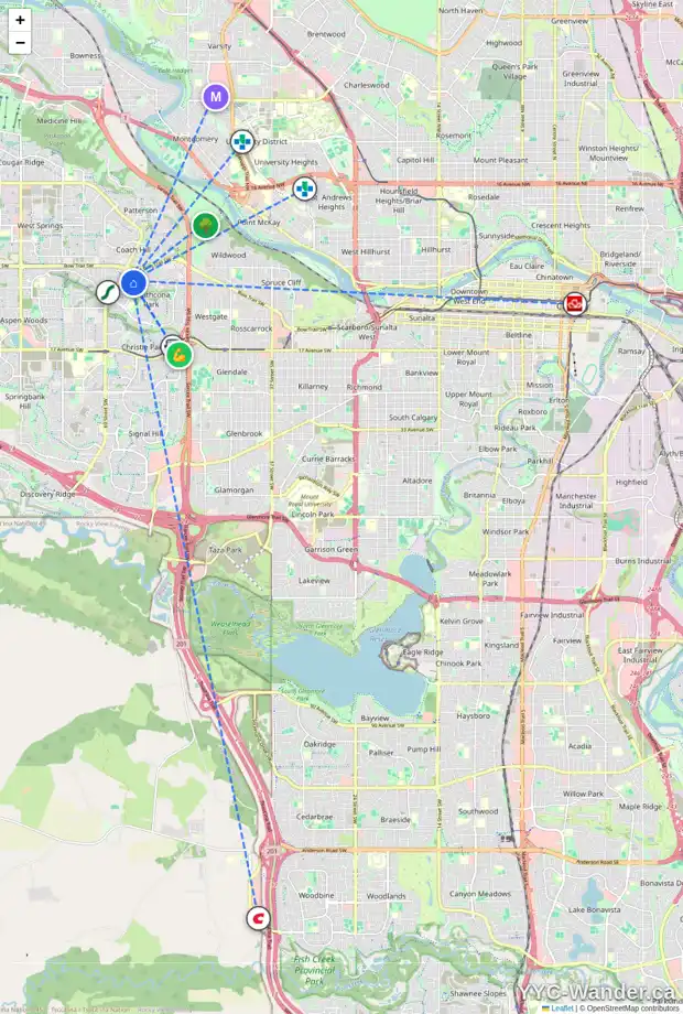 Daily accessibility map for 124 STRATHBURY CI SW, Calgary showing nearby schools, grocery stores, parks, LRT stations and nearby amenities