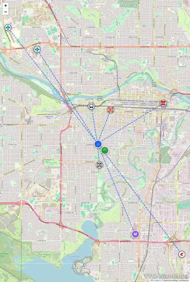 Daily accessibility map for 2615 14A ST SW, Calgary showing nearby schools, grocery stores, parks, LRT stations and nearby amenities