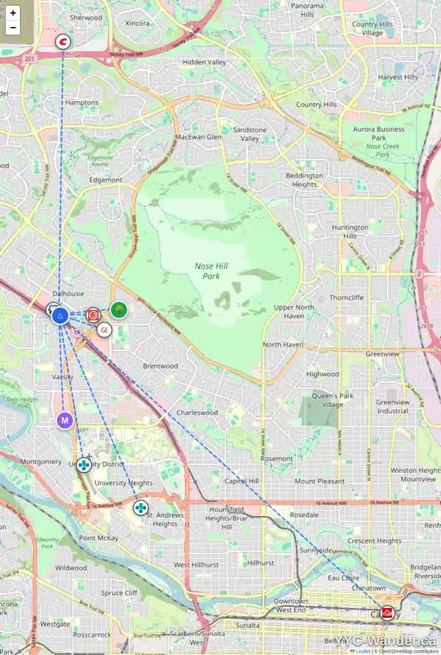 Daily accessibility map for 4847 DALTON DR NW, Calgary showing nearby schools, grocery stores, parks, LRT stations and nearby amenities