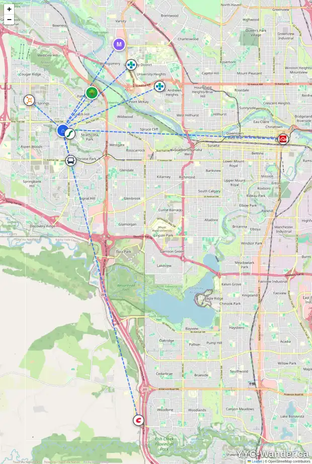 Daily accessibility map for 1226 STRATHCONA DR SW, Calgary showing nearby schools, grocery stores, parks, LRT stations and nearby amenities