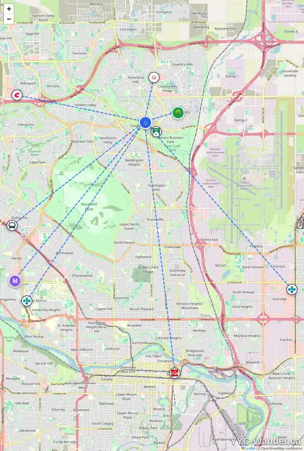 Daily accessibility map for 7 COUNTRY HILLS PA NW, Calgary showing nearby schools, grocery stores, parks, LRT stations and nearby amenities