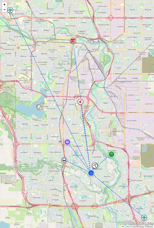 Daily accessibility map for 224 PARKLAND RI SE, Calgary showing nearby schools, grocery stores, parks, LRT stations and nearby amenities