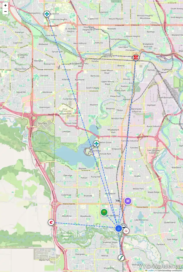 Daily accessibility map for 13124 6 ST SW, Calgary showing nearby schools, grocery stores, parks, LRT stations and nearby amenities