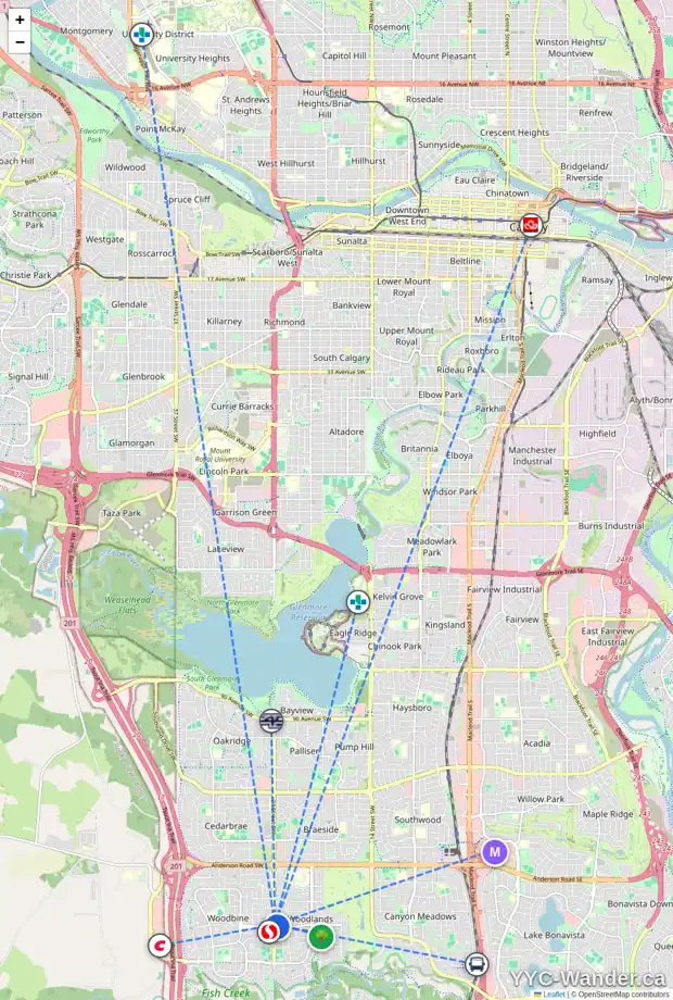 Daily accessibility map for 2448 WOODVIEW DR SW, Calgary showing nearby schools, grocery stores, parks, LRT stations and nearby amenities