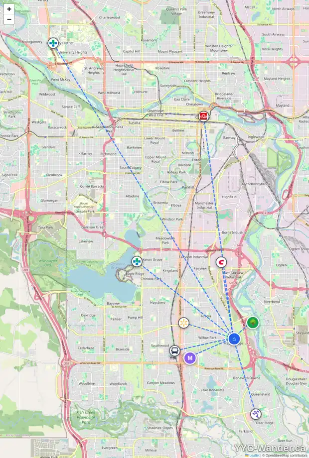 Daily accessibility map for 10435 MAPLECREEK DR SE, Calgary showing nearby schools, grocery stores, parks, LRT stations and nearby amenities
