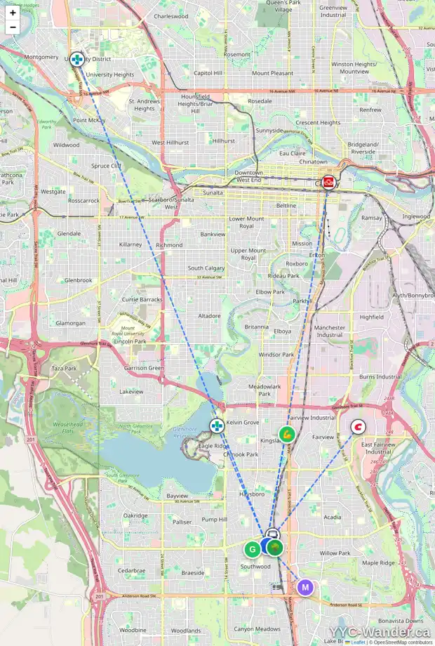 Daily accessibility map for 620 SHERMAN AV SW, Calgary showing nearby schools, grocery stores, parks, LRT stations and nearby amenities