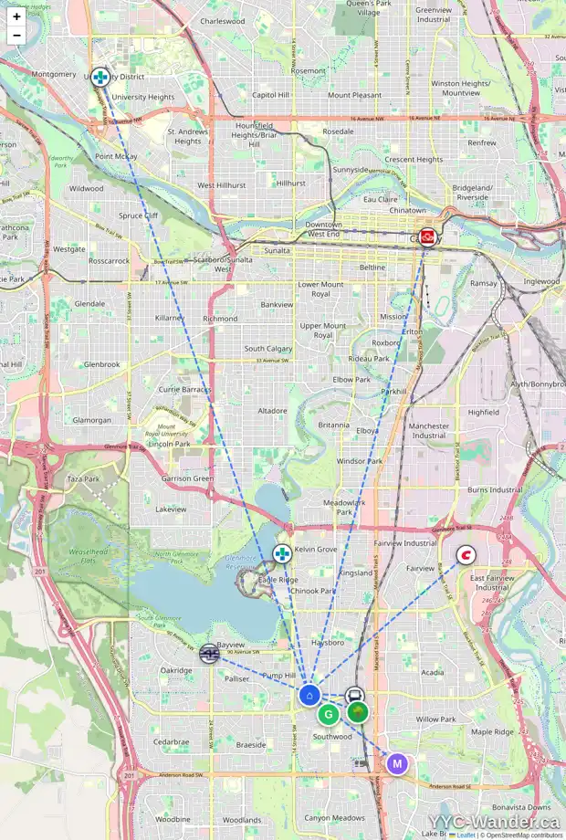 Daily accessibility map for 158 SPRINGWOOD DR SW, Calgary showing nearby schools, grocery stores, parks, LRT stations and nearby amenities