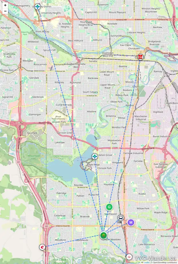 Daily accessibility map for 1315 116 AV SW, Calgary showing nearby schools, grocery stores, parks, LRT stations and nearby amenities
