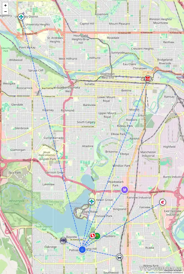 Daily accessibility map for 260 PUMP HILL GD SW, Calgary showing nearby schools, grocery stores, parks, LRT stations and nearby amenities