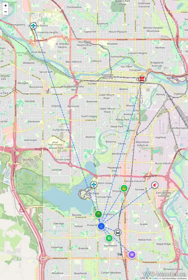 Daily accessibility map for 31 HOOKE RD SW, Calgary showing nearby schools, grocery stores, parks, LRT stations and nearby amenities