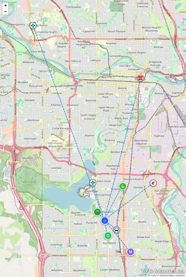 Daily accessibility map for 52 HADDOCK RD SW, Calgary showing nearby schools, grocery stores, parks, LRT stations and nearby amenities