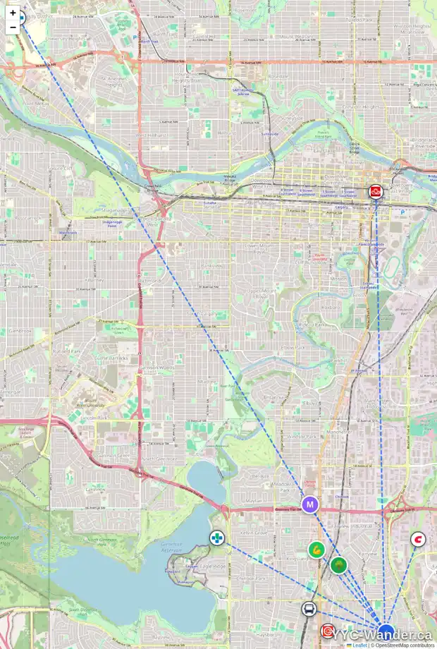 Daily accessibility map for 8807 ANCOURT RD SE, Calgary showing nearby schools, grocery stores, parks, LRT stations and nearby amenities