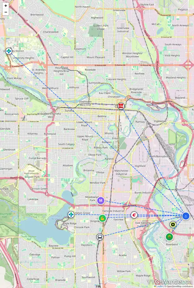 Daily accessibility map for 7048 22A ST SE, Calgary showing nearby schools, grocery stores, parks, LRT stations and nearby amenities