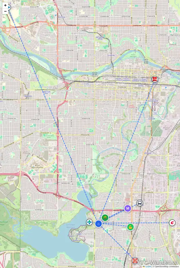 Daily accessibility map for 7307 KANANASKIS DR SW, Calgary showing nearby schools, grocery stores, parks, LRT stations and nearby amenities