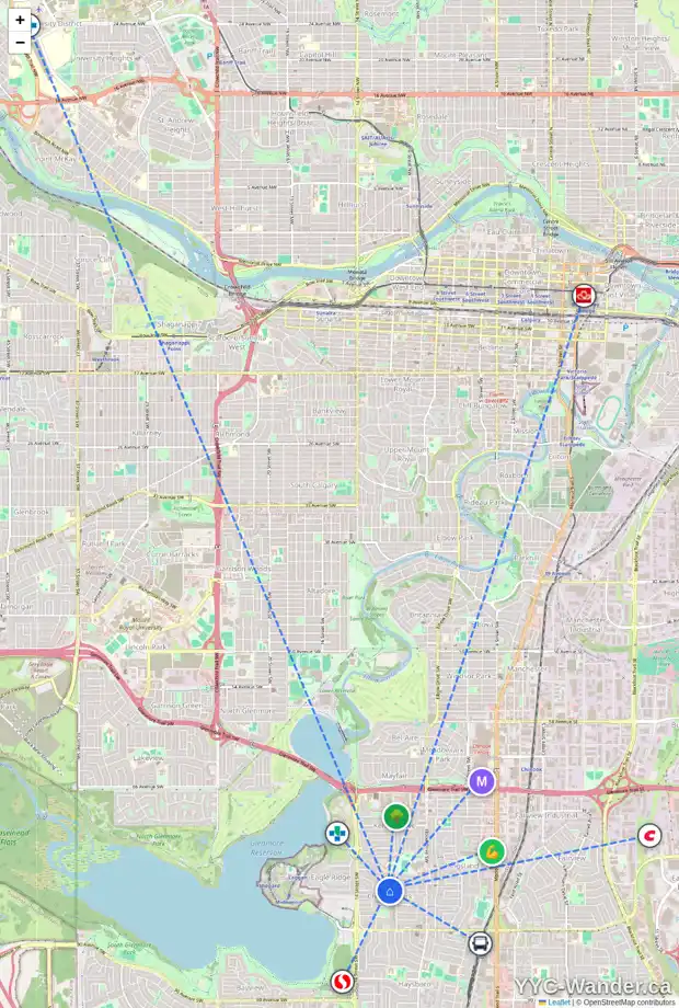 Daily accessibility map for 7835 CALLA DONNA PL SW, Calgary showing nearby schools, grocery stores, parks, LRT stations and nearby amenities