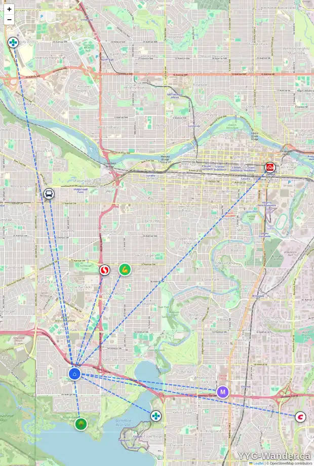 Daily accessibility map for 3108 LEDUC CR SW, Calgary showing nearby schools, grocery stores, parks, LRT stations and nearby amenities