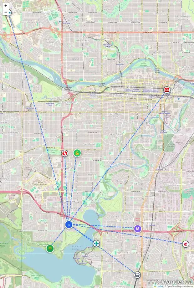 Daily accessibility map for 4 LORNE PL SW, Calgary showing nearby schools, grocery stores, parks, LRT stations and nearby amenities