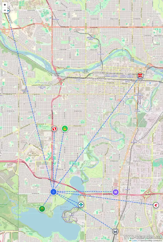 Daily accessibility map for 6520 CROWCHILD TR SW, Calgary showing nearby schools, grocery stores, parks, LRT stations and nearby amenities