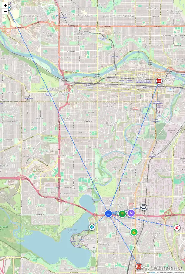 Daily accessibility map for 159 MALIBOU RD SW, Calgary showing nearby schools, grocery stores, parks, LRT stations and nearby amenities
