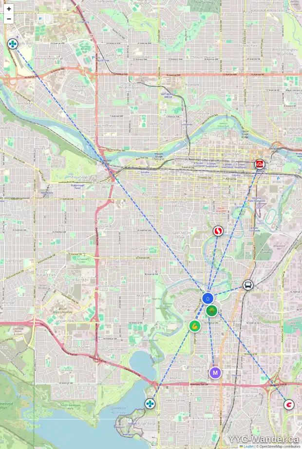 Daily accessibility map for 620 BRITANNIA DR SW, Calgary showing nearby schools, grocery stores, parks, LRT stations and nearby amenities