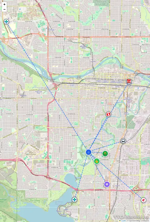 Daily accessibility map for 4619 CORONATION DR SW, Calgary showing nearby schools, grocery stores, parks, LRT stations and nearby amenities