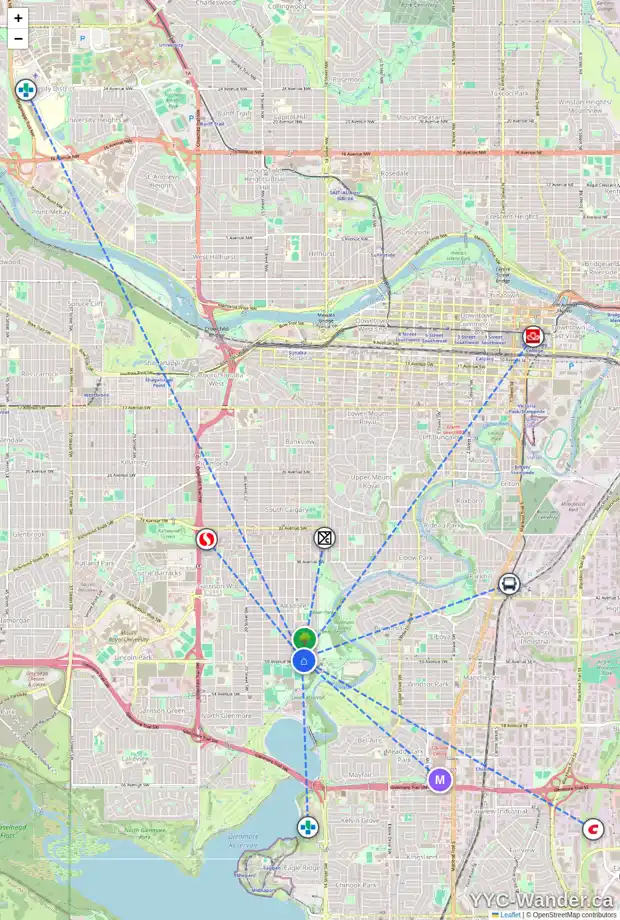 Daily accessibility map for 1620 50 AV SW, Calgary showing nearby schools, grocery stores, parks, LRT stations and nearby amenities