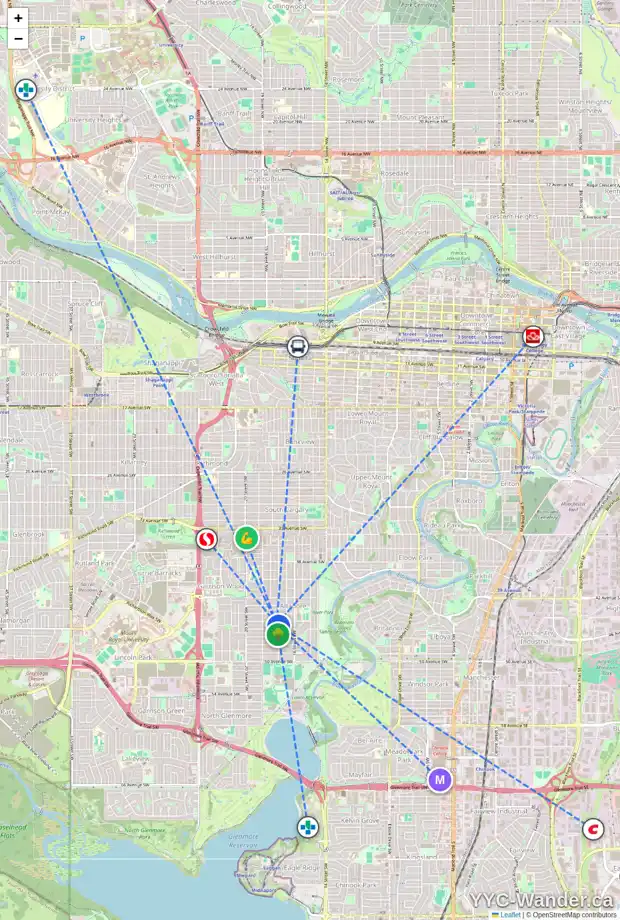 Daily accessibility map for 4607 17 ST SW, Calgary showing nearby schools, grocery stores, parks, LRT stations and nearby amenities