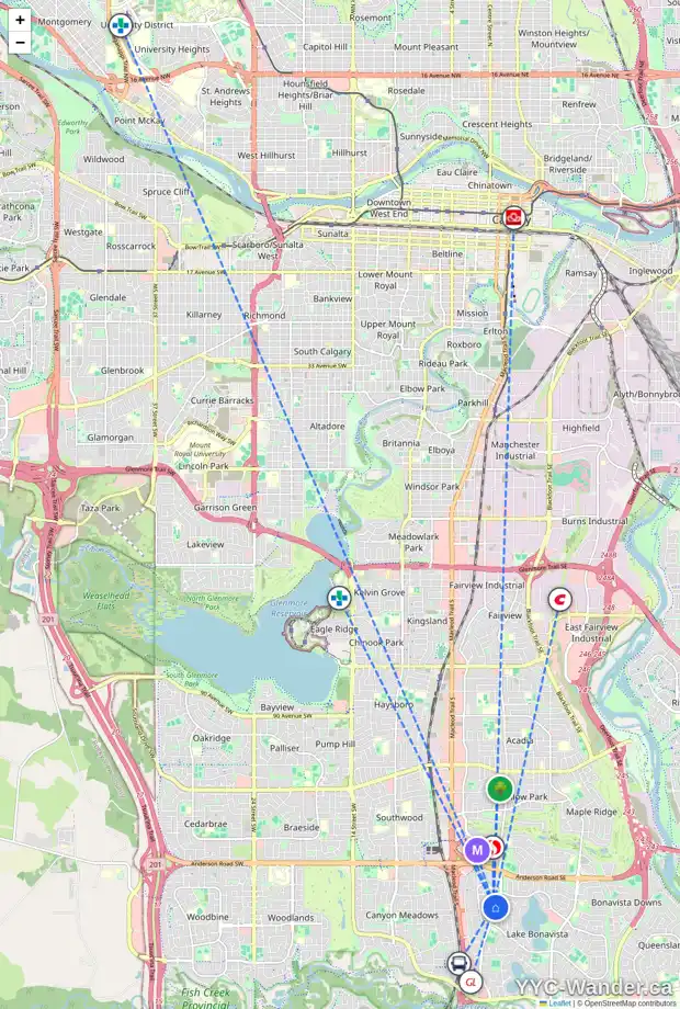Daily accessibility map for 203 LAKE ADAMS CR SE, Calgary showing nearby schools, grocery stores, parks, LRT stations and nearby amenities