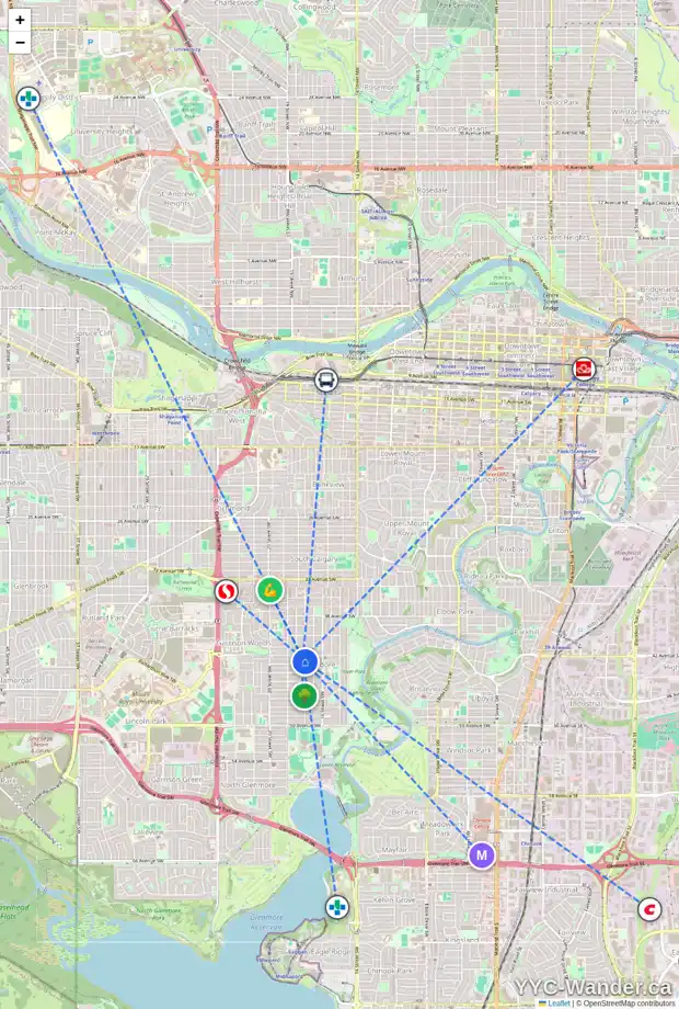 Daily accessibility map for 4311 17 ST SW, Calgary showing nearby schools, grocery stores, parks, LRT stations and nearby amenities