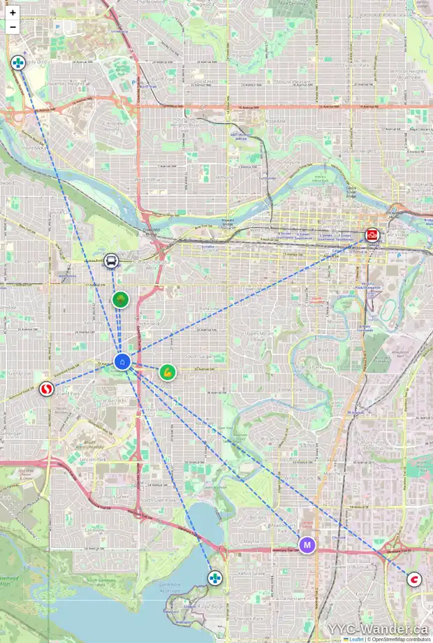 Daily accessibility map for 2624 32 AV SW, Calgary showing nearby schools, grocery stores, parks, LRT stations and nearby amenities