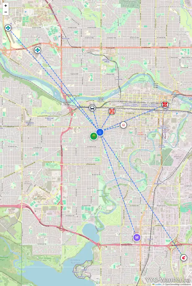 Daily accessibility map for 2114 14A ST SW, Calgary showing nearby schools, grocery stores, parks, LRT stations and nearby amenities