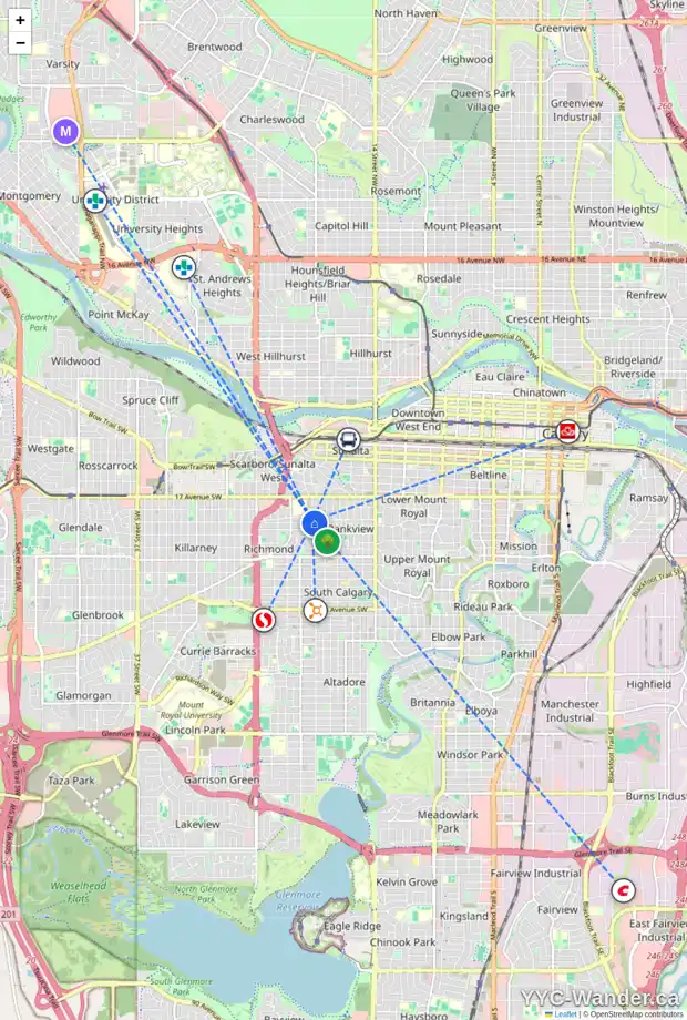 Daily accessibility map for 2010 21 AV SW, Calgary showing nearby schools, grocery stores, parks, LRT stations and nearby amenities