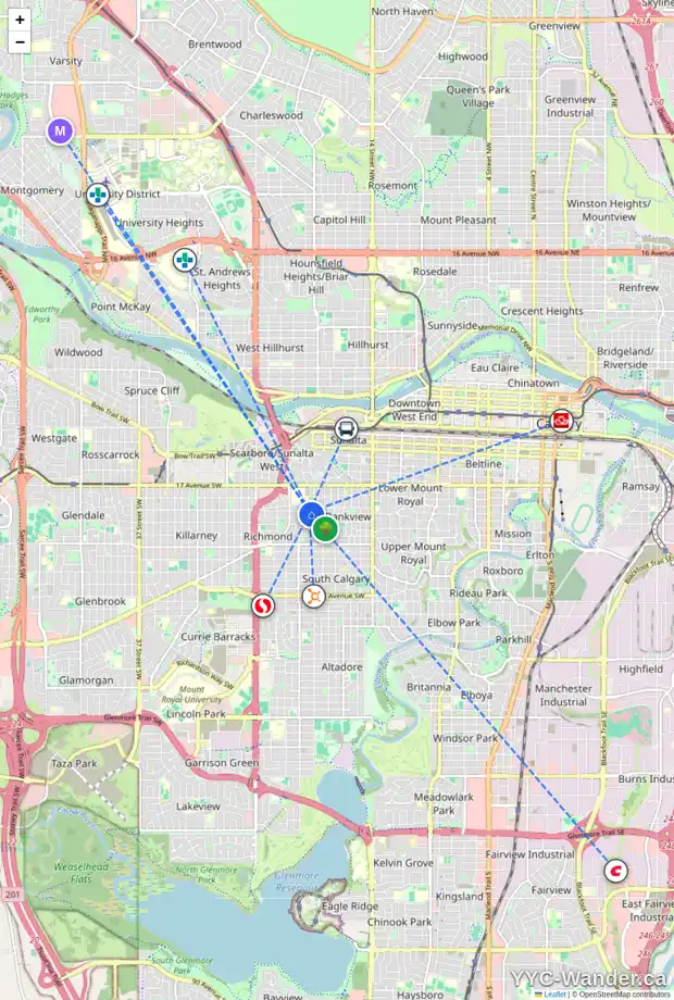 Daily accessibility map for 2013 21 AV SW, Calgary showing nearby schools, grocery stores, parks, LRT stations and nearby amenities